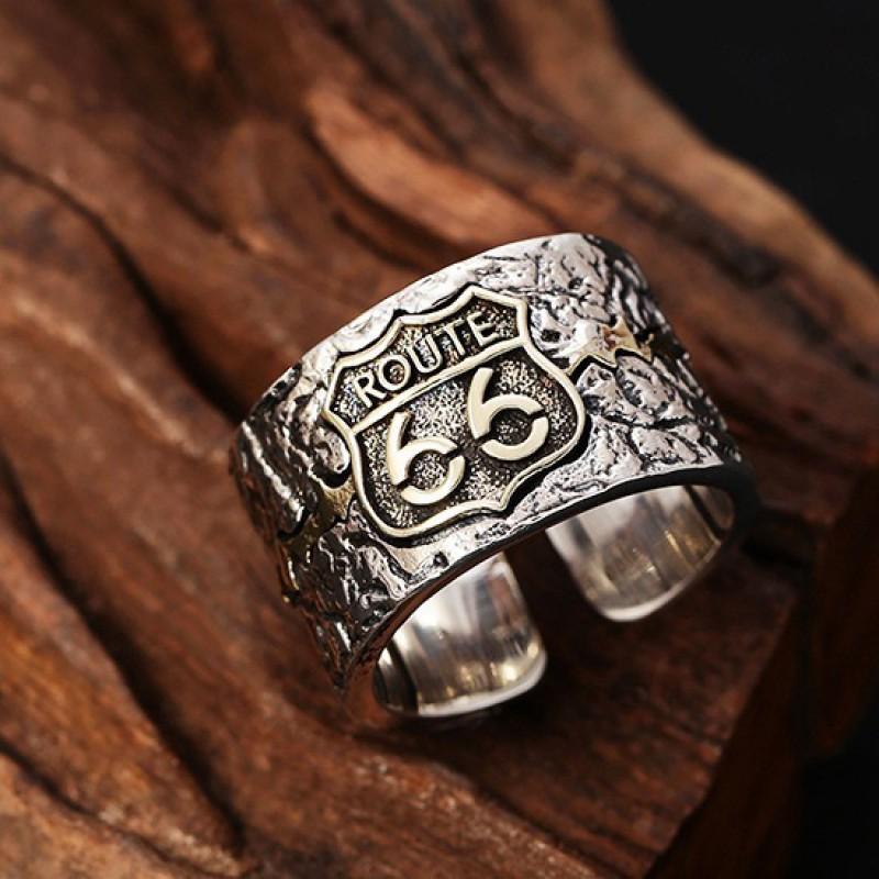 Unisex Vintage Punk Sterling Adjustable Ring With Route 66 Geometric Design