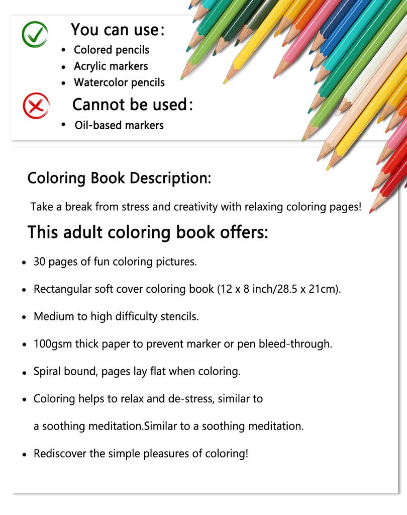 Spiral Coloring Book -30 Sheets Adult Coloring Book, 11.2 X 8.3 Inches, 100g Thick Paper, Drawing Book, Homecoming Holiday Gift