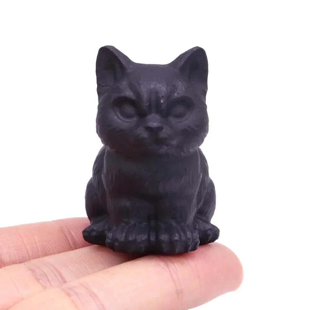 2" Söt Katt Naturlig Matt Svart Obsidian Reiki Healing Kristallsten Snideri Hemdekoration Ädelsten Djurstaty Hantverk Gåva
