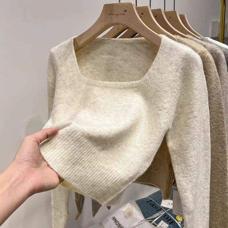 

Women s Korean Style Square Neck Knitted Top Autumn Clavicle-Baring Short Length Upper Garment M