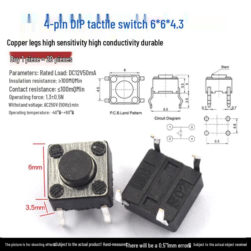 Waterproof Micro Tactile Switch, 4-Pin, 6x6mm, SMD/Through-Hole, Side Press, Self-Locking