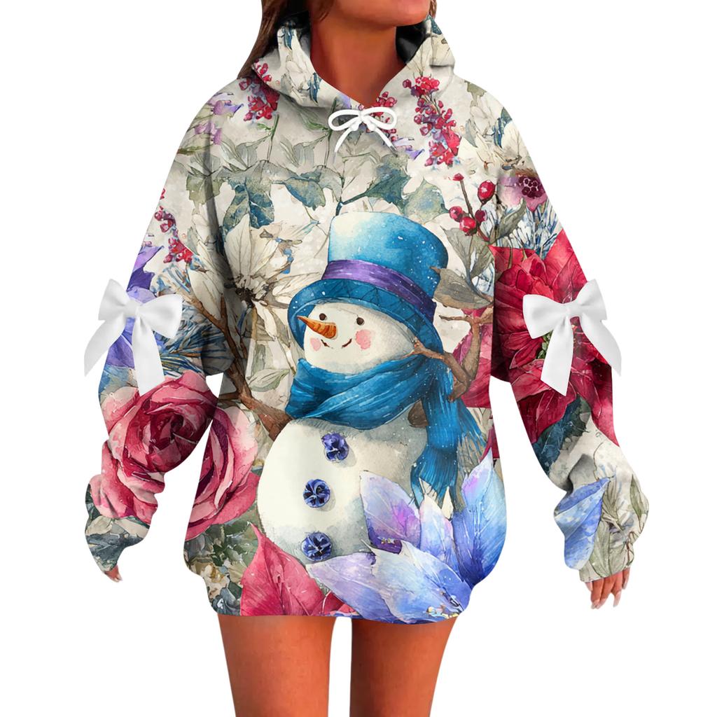 Ladies' Christmas Printed Bow Long Sleeved Loose Fitting Headband With Rope Hooded Sweatshirt Top