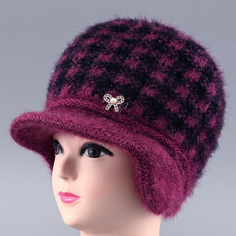 Hat Female Winter Rabbit Hair Warm Wool Hat Old Lady Cold Protection Ear Protection Knitted Hat