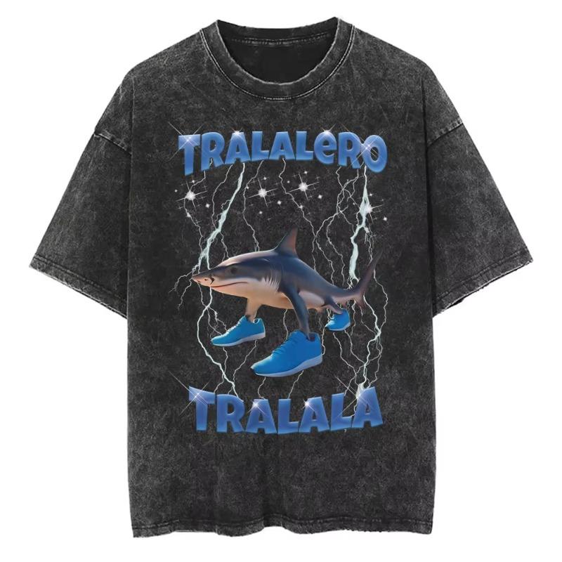 Vintage Washed Bombardiro Crocodilo T Shirt Funny Plane Bomber Crocodile Meme T-shirts Men Women Gothic Casual Humor T Shirts