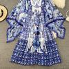Retro Palace Wind Round Collar Bell Sleeve Loose Blue and White Porcelain Printed  Dress Elegant Temperament Large Skirt