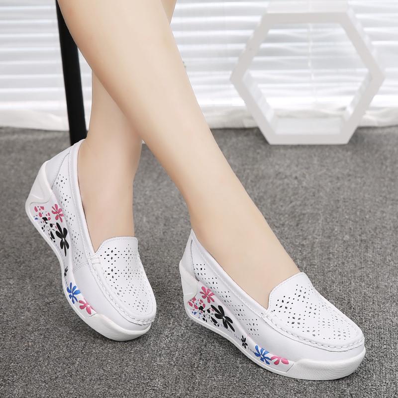 Autumn Genuine Leather Women's Shoes Nurse Swing Work Single Shoes Wedges Women's Shoes Female Platform Sneakers