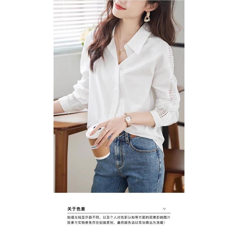 Women's White Lapel Blouse Hollow Out Lace Detail Long Sleeve Button Loose Casual Office Shirt