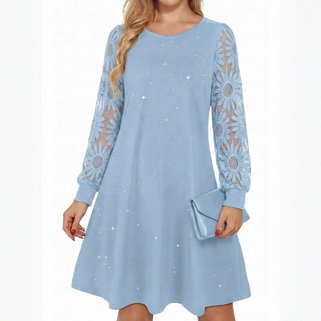 Ladies' Round Neck Lace Patchwork Long Sleeved Slim Fit Dress
