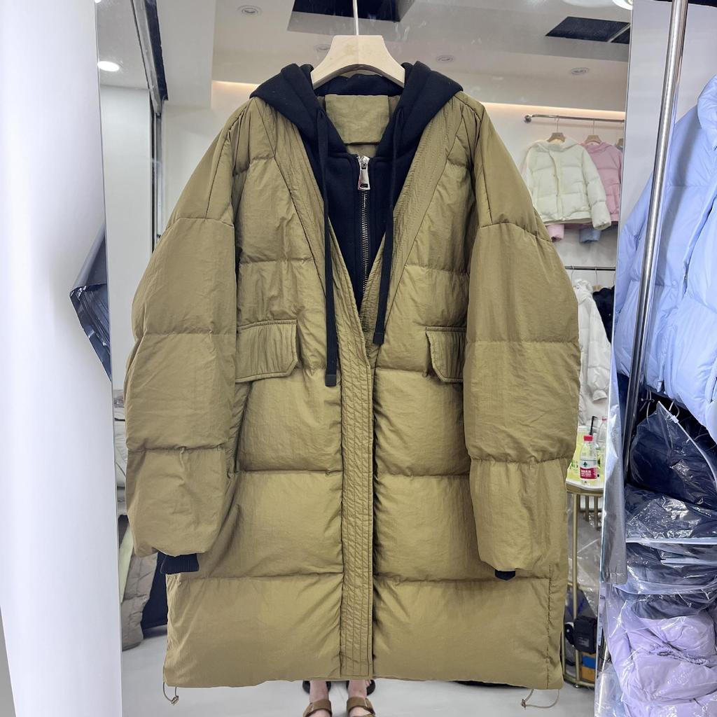 Winter Sweater Hat Fake Two-piece Down Jacket Women's Medium and Long Loose Large Size Thickened Warm White Duck Down Jacket
