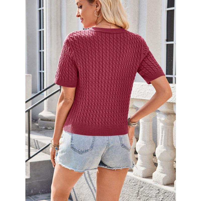Women European Style Short Sleeve Button Front Cropped Round Neck Knitted Cardigan Sweater