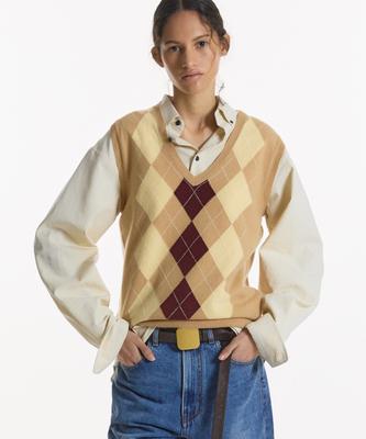 NOHANT Cashmere Blended Argyle Vest Beige