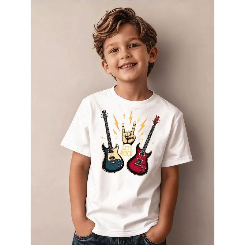 Boys Rock Guitar Lightning Hand Sign Graphic Casual Short Sleeve T-Shirt 110 белый
