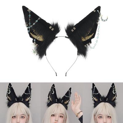 Punk Wolf Ears Shape Headband with Dangle Jewelry Decors Hair Hoop Adult Cosplay Live Broadcast Easter Party Headpiece