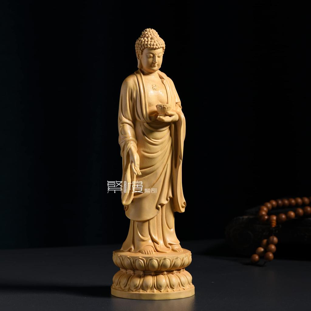 TheChanger Buddha Standing Shaka Nyorai Wood Buddhist Altar Statue for Prayer and Protection from Carved from Premium Natural Boxwood H x 7cm W x 7cm