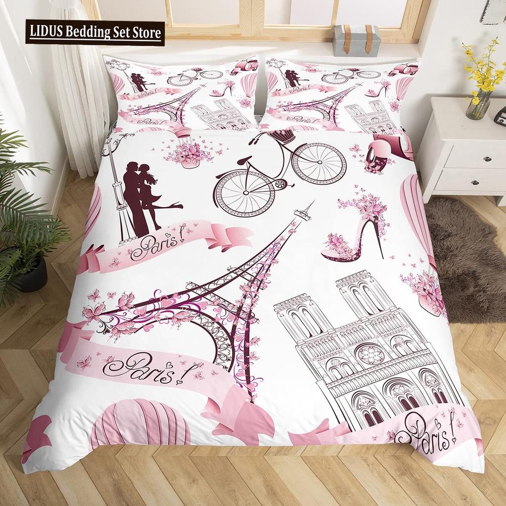 Eiffel Tower Duvet Cover Paris Tower Red Car Bedding French Style Home Decoration Grey Cityscape French Romantic Gift For Women