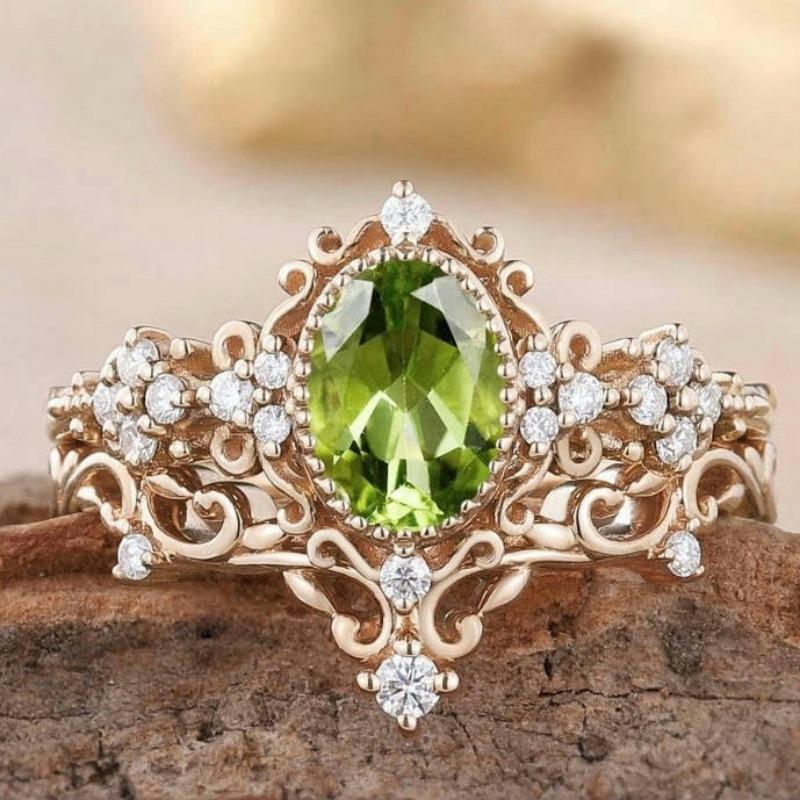 Dazzling Gold Color Inlaid with Round White Green Stone Flower Rings Set Party Engagement Wedding Rings for Women Jewelry