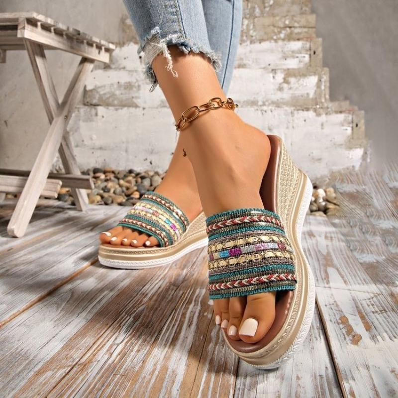 Bohemian Striped Braided Wedge Sandals Women Summer Thick Sole Outdoor Beach Slides Woman Plus Size 43 Fashion Platform Slippers