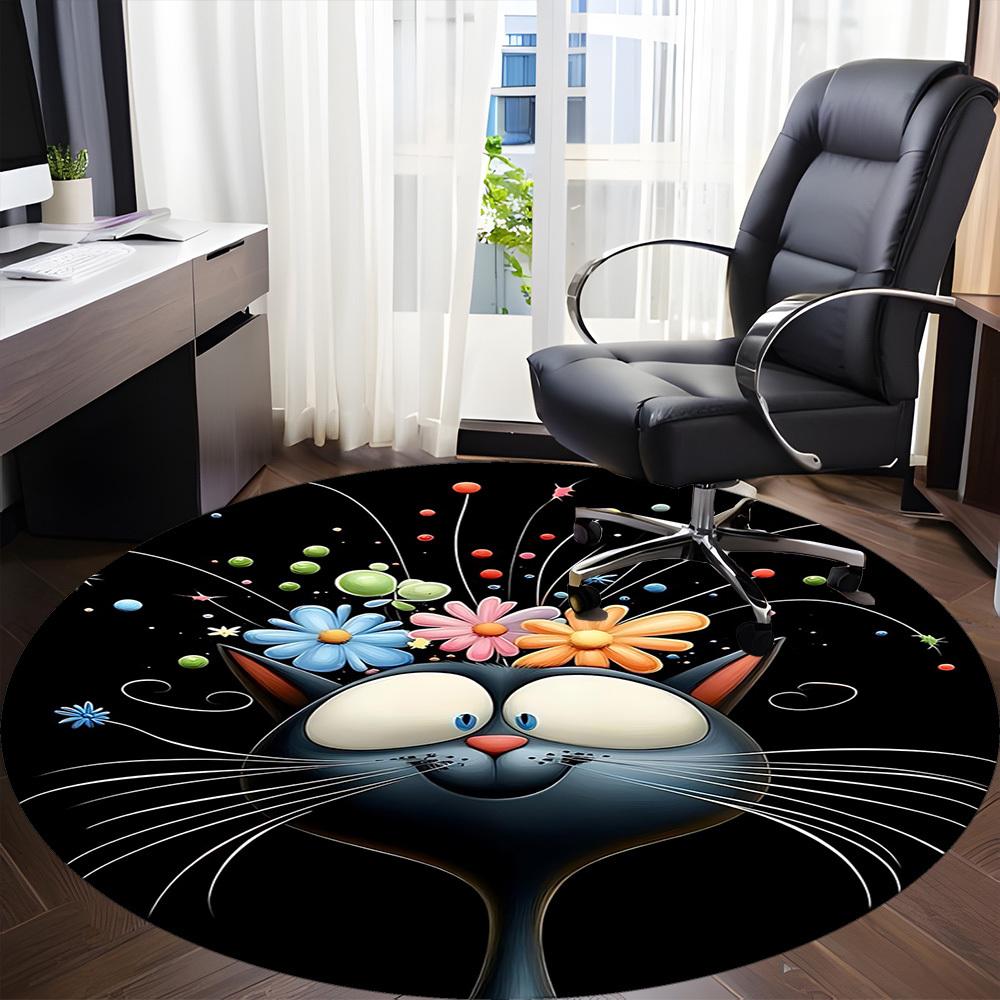 1pc Flower Cat Office Round Area Rug, Under Office Chairs Bedroom Living Room Home Decor, Room Deco, Available in Various Sizes