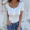 Dame T-skjorte O-hals Knapper Halv knepping Kort ermet T-skjorte Ensfarget Slim fit Pullovertopper Hverdagsbruk