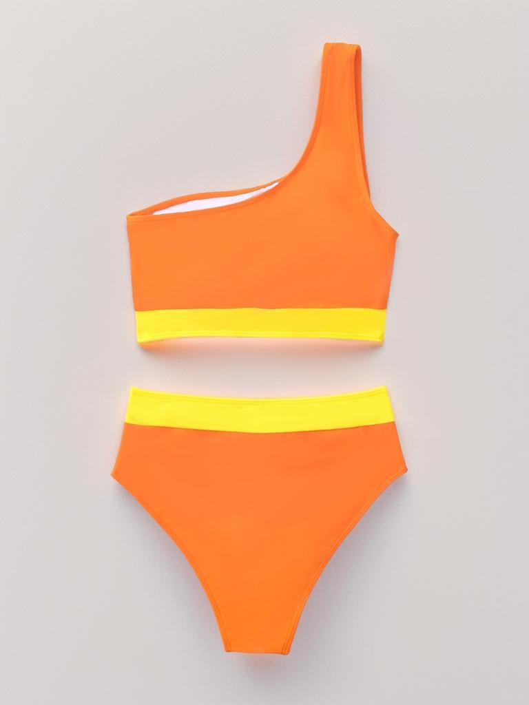 Color Block One Shoulder High Waist Sexy Bikini Set Elegant Two Piece Swimwear