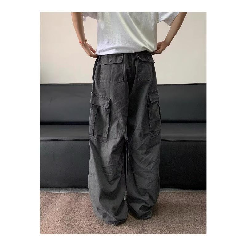 Women's Retro Washed Cargo Pants - Multi-Pocket, Distressed, Loose Fit, Wide-Leg, Pleated with Drawstring.