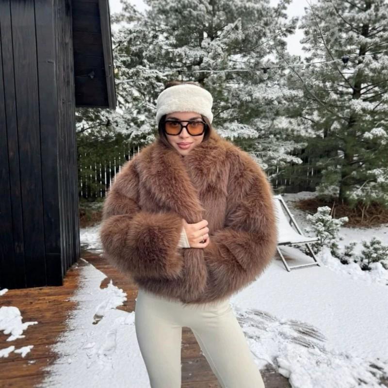 Vintage Brown Faux Fur Coat Short Warm Winter Streetwear Women