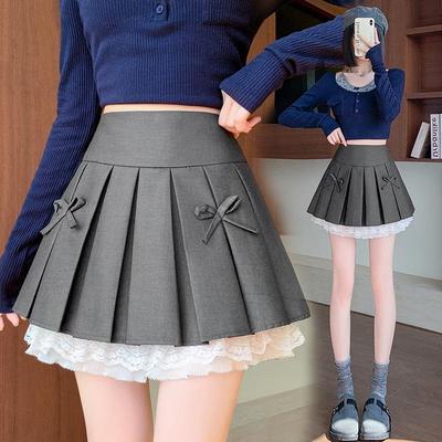Damen Frühling/Sommer High Waist Spitze Schleife A-Linie Plissee Rock - Ballettstil