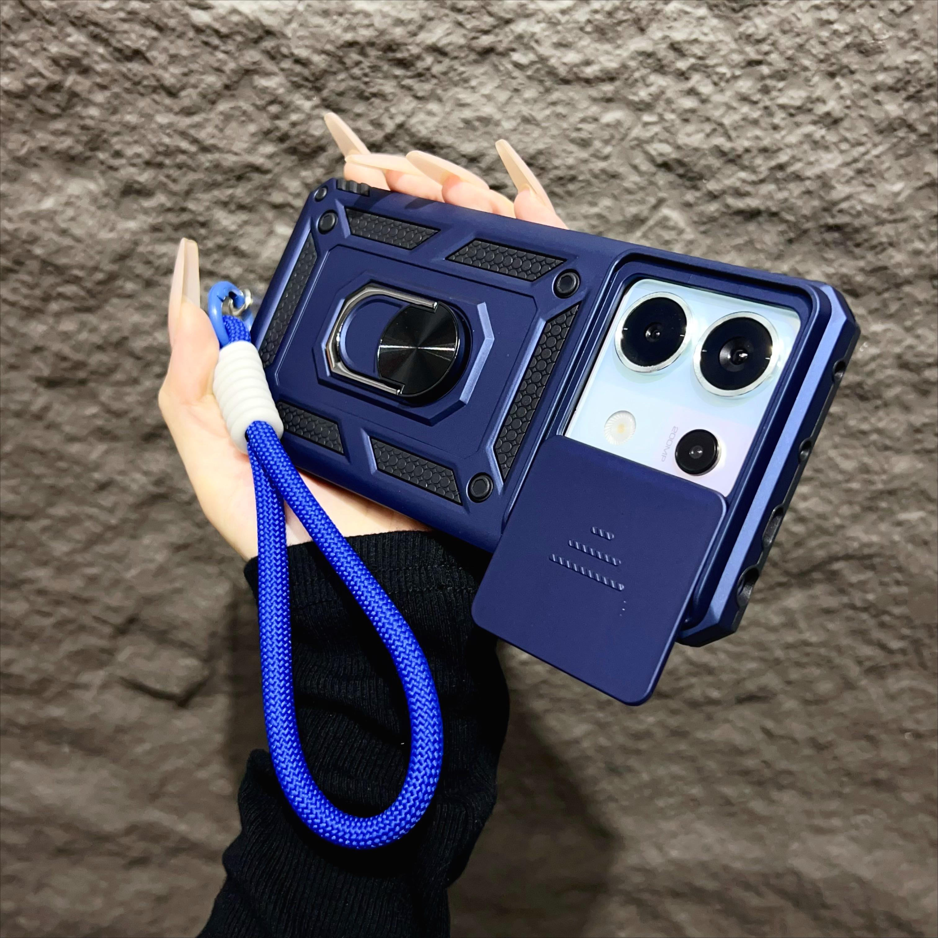 

Чехол для Xiaomi 14T Pro с магнитным кольцом-подставкой для автомобиля, со шнурком, со сдвижной защитой камеры, бронированный, противоударный чехол для Redmi 14C 13C For Redmi 13C 4G&Case & Strap синий