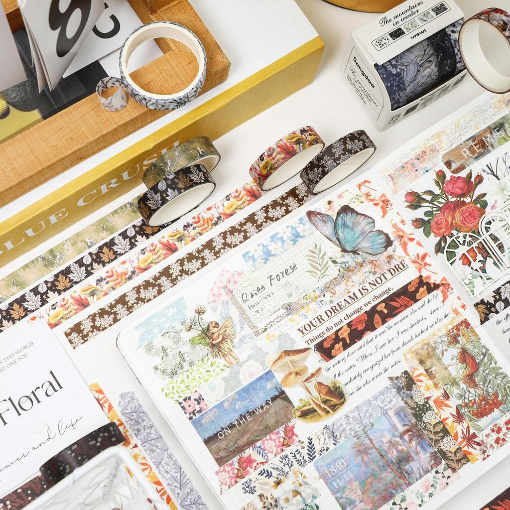 YUBX Masking Winter Blooming Floral Washi Tape Cute Thin DIY Gift and Decoration Tape, 60-Piece Set, Collection, Snowflakes, Strips, Crafts, Journals,