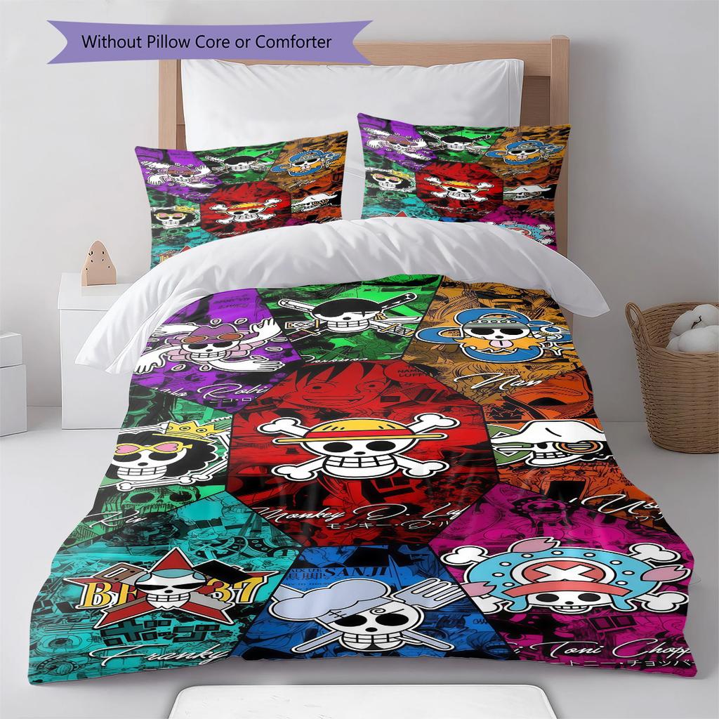One Piece Straw Hat Pirates Pattern Bedding Quilt Set Quilt Cover Pillowcase Home Birthday Gift(1 * duvet cover + 2 * pillowcase, without core)