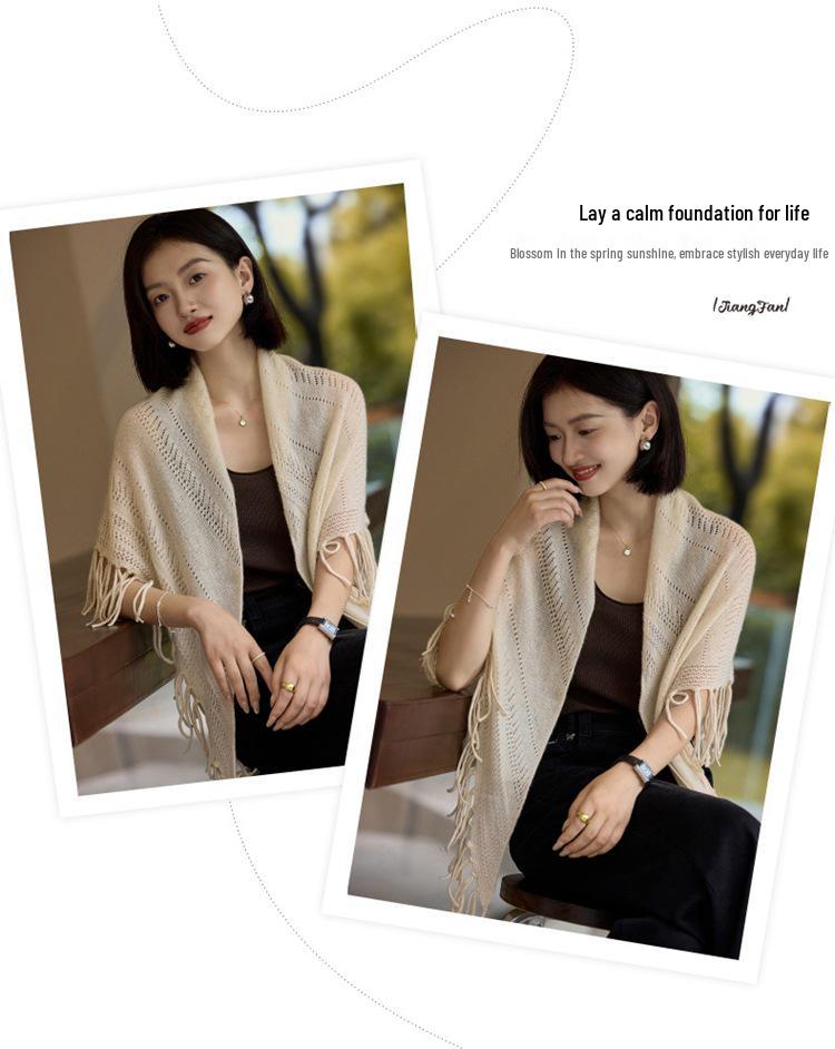 100% Cashmere Hollow Triangle Shawl Scarf - Stylish, Versatile, Warm with Tassels
