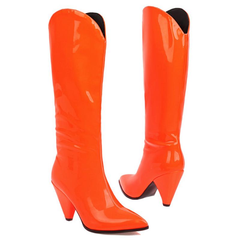 Fashion Women's High Boots Winter Shoes Point Western Cowboy Knee High Boot Pink Yellow Black Long Fetish Shoes Lady Large Size