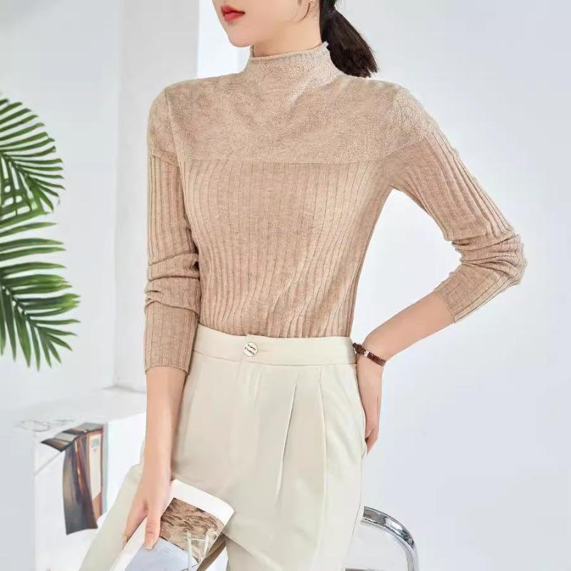 Design Sense Lace Splicing Bottom Knitted Sweater Women's Autumn New Curled Semi-turtleneck Silk Sweater Women's