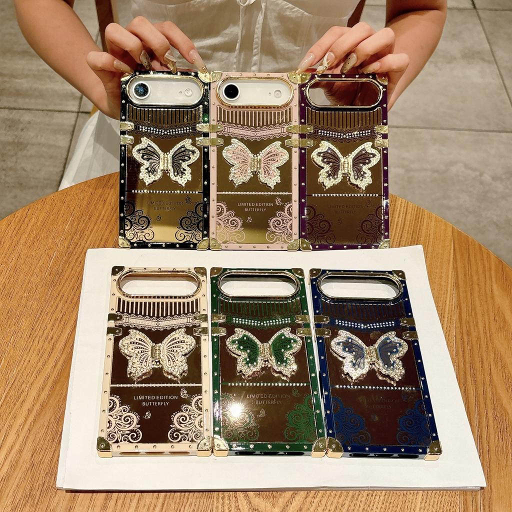 Applicable to Apple 17 electroplated inner diamond mirror mobile phone case iphone12 gilt butterfly bracket protective case square