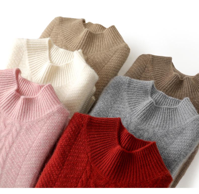 Women's Cashmere Semi-High Neck Long Sleeve Pullover - Solid Color, Casual, Loose, Thickened for Autumn/Winter.