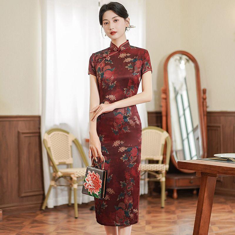 Printed Standing Neck Long Skirt Qipao Print Stand-up Collar Slim Fit Long Dress Cheongsam Women