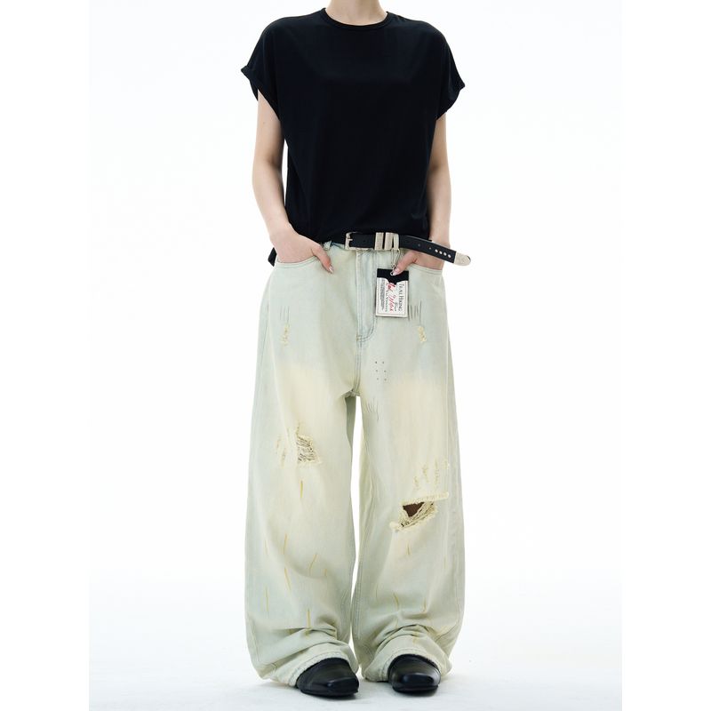 Madwitch American Street Style Post-Apocalyptic Ripped Jeans for Men and Women, Loose Casual Wide-Leg Straight-Leg Distressed Pants
