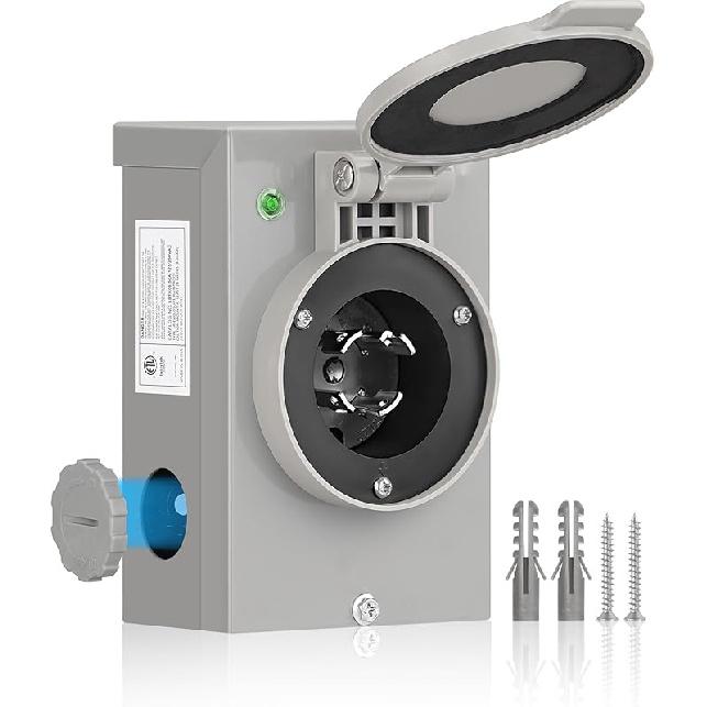 30 Amp Generator Power Inlet Box, NEMA L14-30P Inlet Box for 4-Prong Generator Cord, 125/250V 7500 W Pre-Drilled, Weatherproof Outdoor Plug Box for