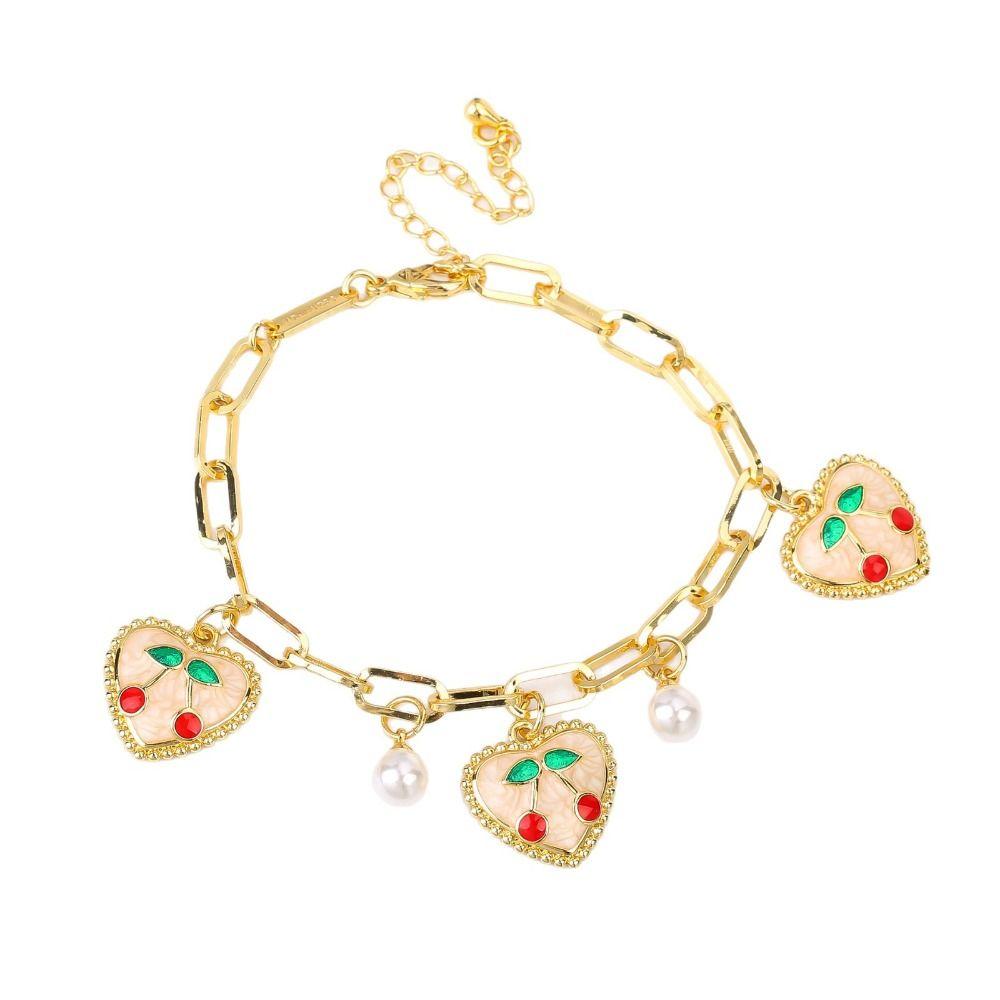 Fruit Cherry Charm Bracelet Gold Plated Metal Bracelet New Design Cherry Pearl Bracelet  Party