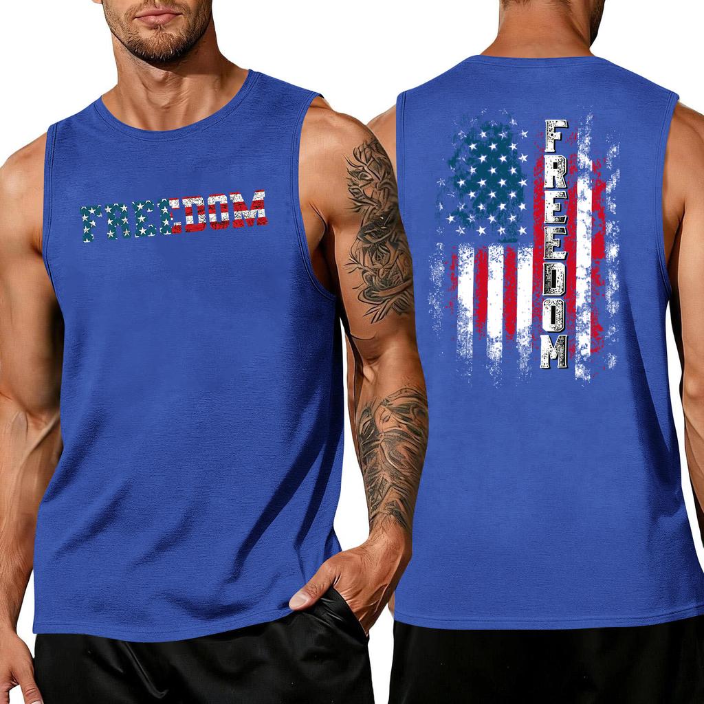Men's Sleeveless Muscle Tank Top with Letter Print and Flag Pattern Casual Crew Neck Gym Shirt