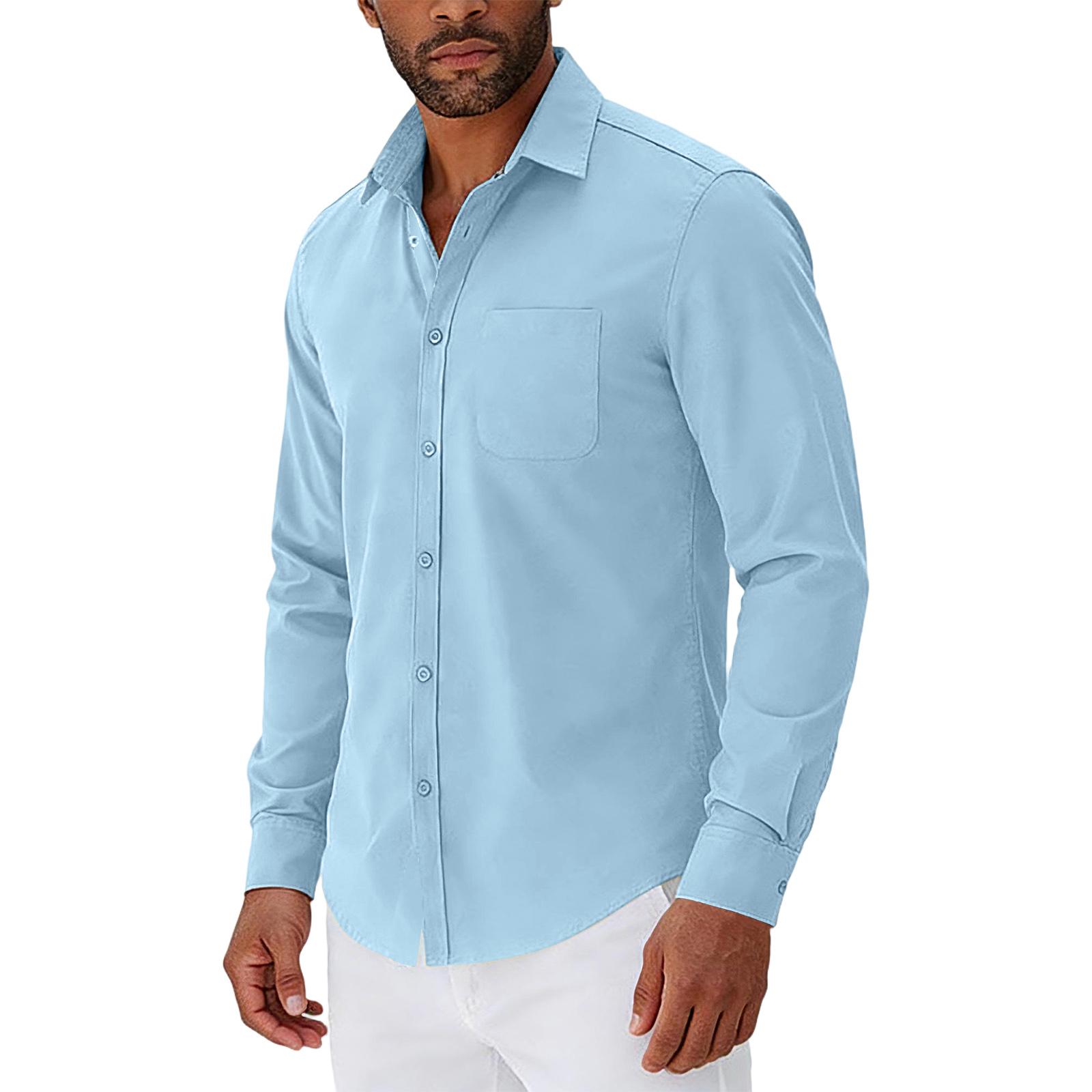 

Men Long Sleeve Button Down Shirt Classic Fit Collar Solid Pocket Front Dress Shirt for Daily Office Wear M светло-синий