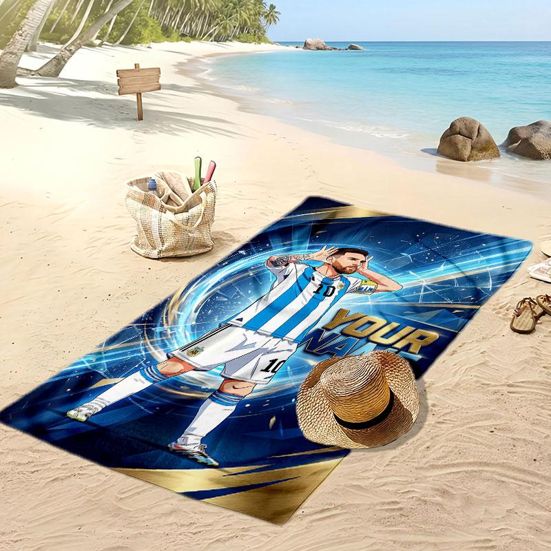 Asciugamano da Spiaggia Personalizzato Stampato Lionel Messi Logo Calcio Supporto Nome Personalizzato Testo Asciugamano Assorbente Per Sport Viaggio Regalo Speciale