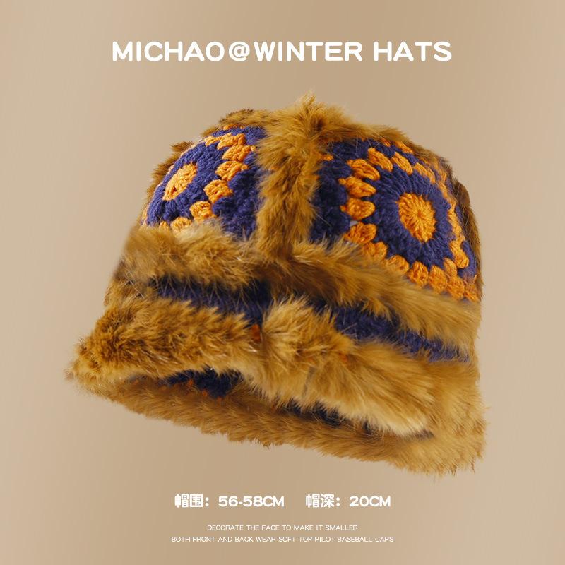 

Rabbit fur lion hat autumn and winter cute warm plush bucket hat versatile face small bucket fluffy basin hat average size [hat circumference: 56-60cm]