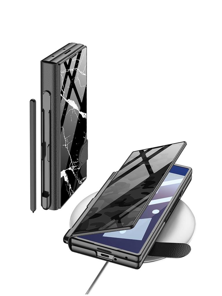 Samsung Z Fold7 5G Leather Flip Case with Glass Painting & Pen Slot