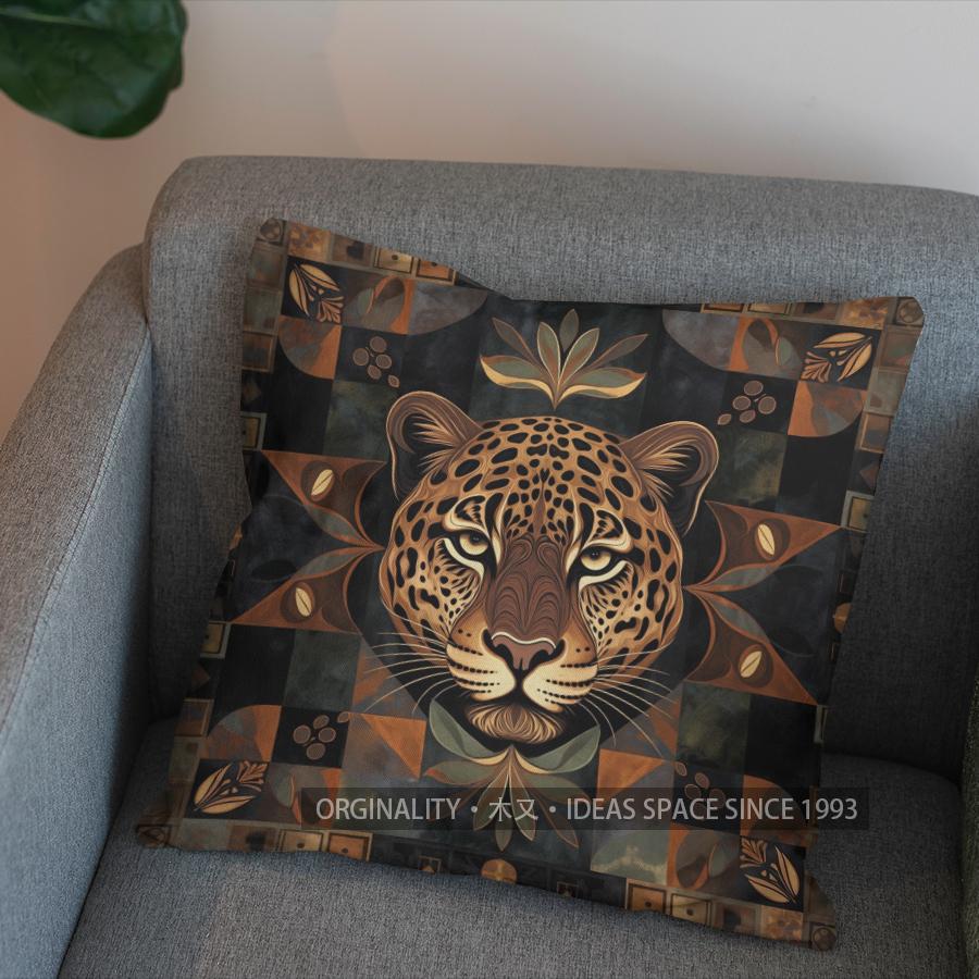2D Jaguar Faces With Ethnic Pattern Pillow Cover Pattern Cushion Cover Suitable For Sofa Bedroom Car Pillow Cover