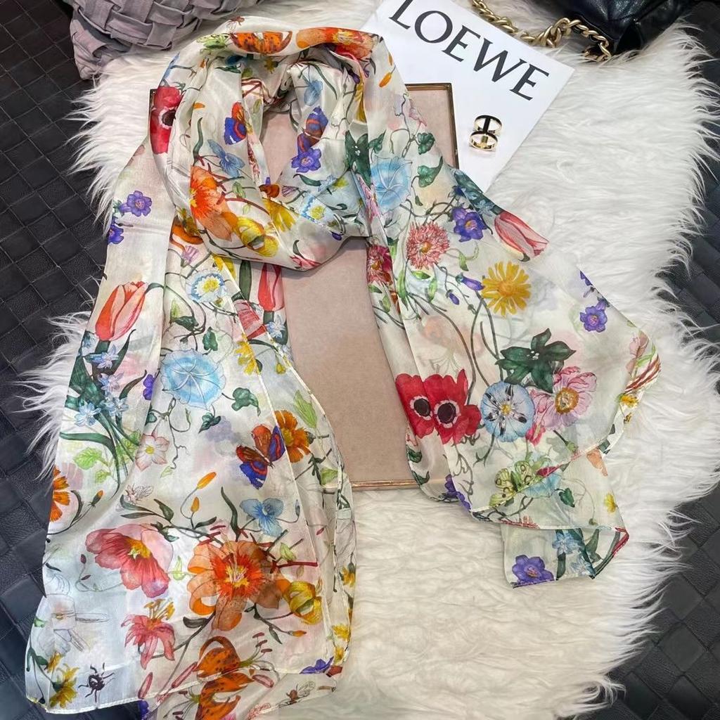 Orange Blue Winter Women Pure Silk Scarf Shawl Spring Fall Fashion Large Elegant Classical Long Scarves Wraps Printed 180*110Cm