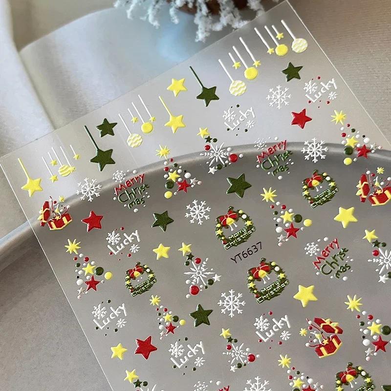 5D Winter Christmas Nail Stickers Colorful Star Garland Bells Snowflake Nail Art Decal Manicure Decorations