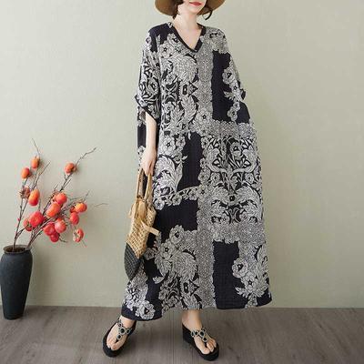 Abito Lungo Vintage da Donna con Fantasie in Cotone e Lino