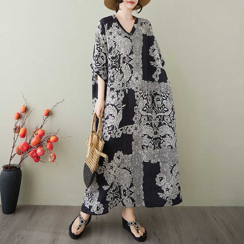 

Women s Vintage Long Dress with Cotton and Linen Patterns One size