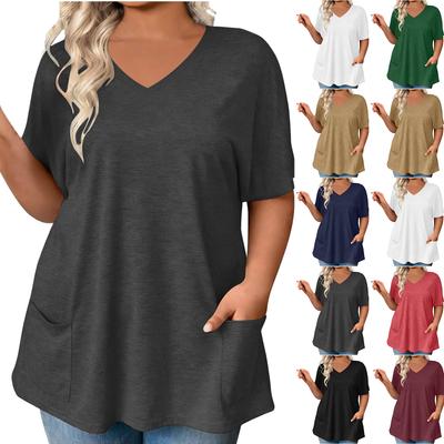 Stylish Women's Color V-neck Pocket Casual Versatile Fashion T-shirt Top